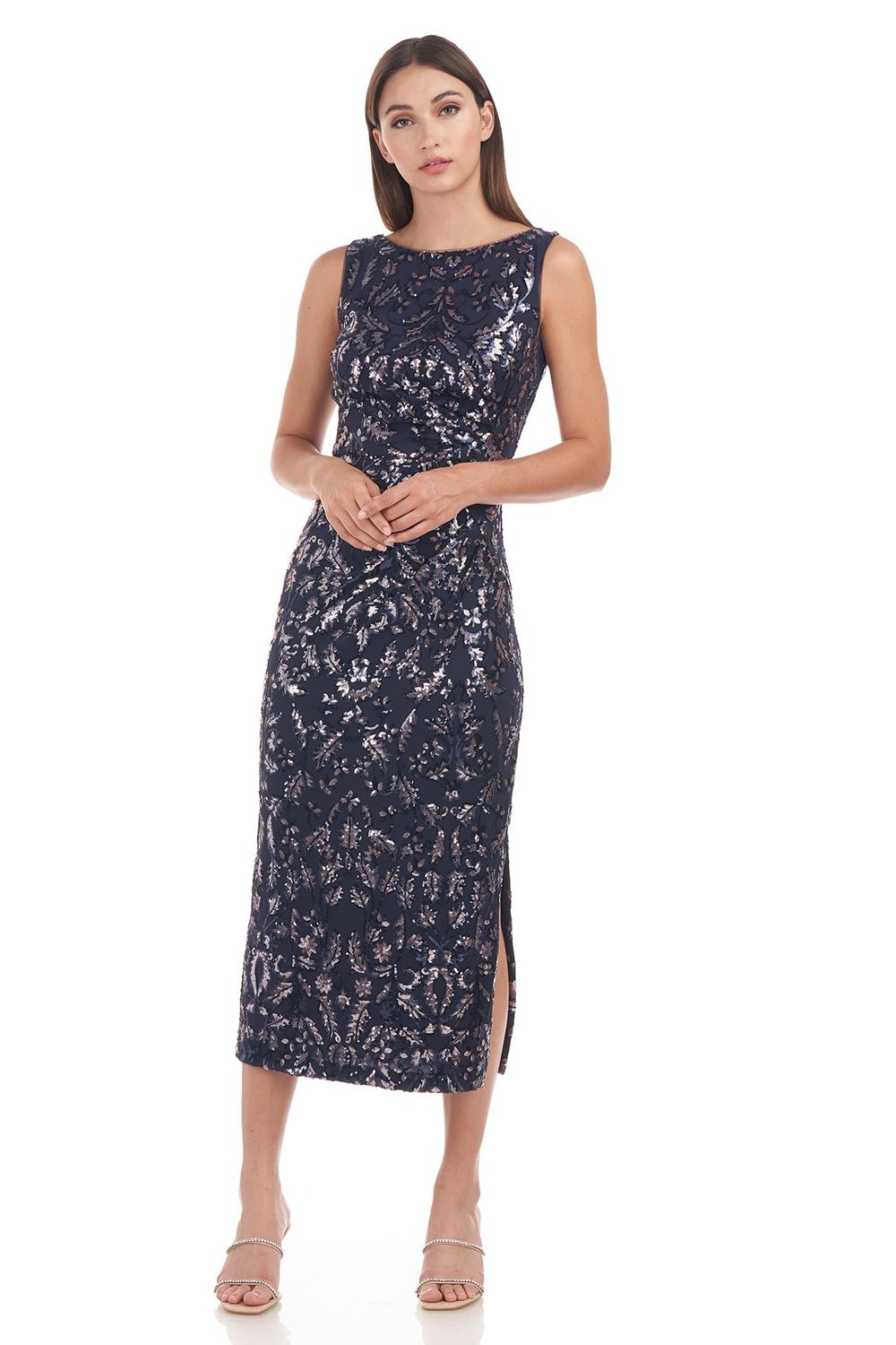 Embroidered mesh draped tea dress, Color: Navy/ rose, Size: 8