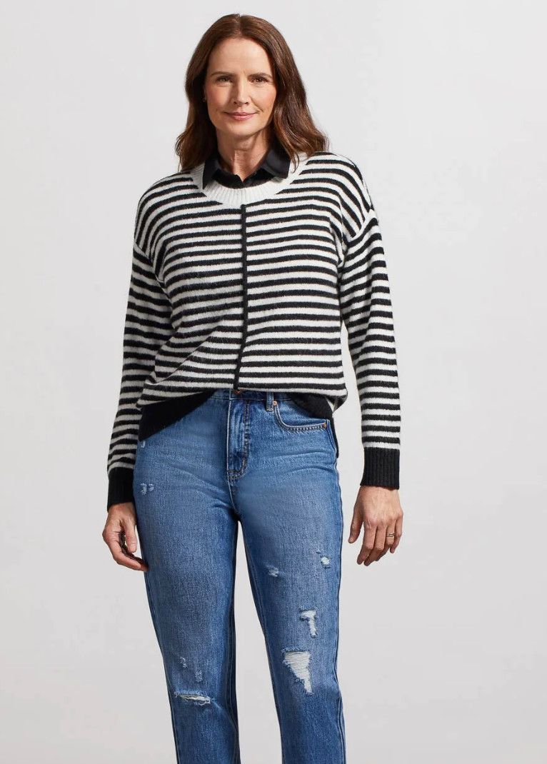 Black/ white stripe crew neck sweater, Size: S