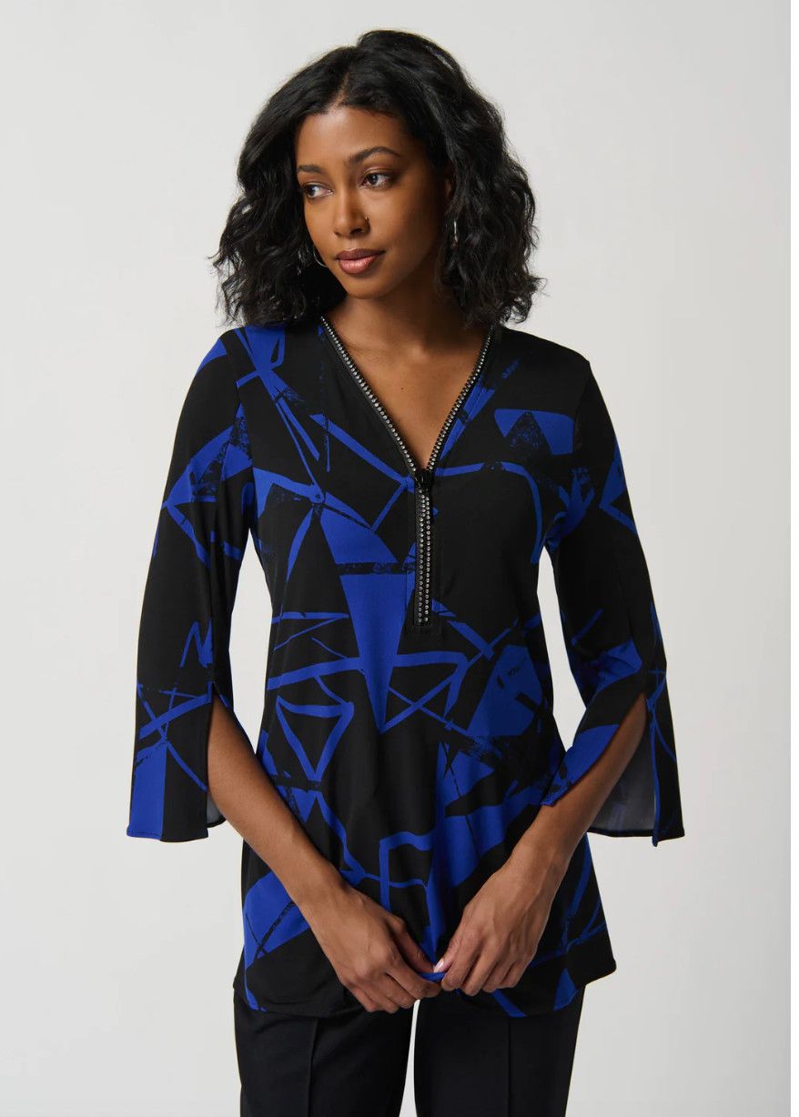 Black/ royal tunic top with sequin trim, Size: 12