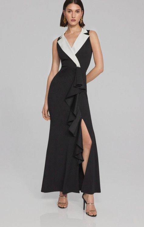 Shirt collar ruffle gown with slit, Color: Black/ off-white, Size: 10