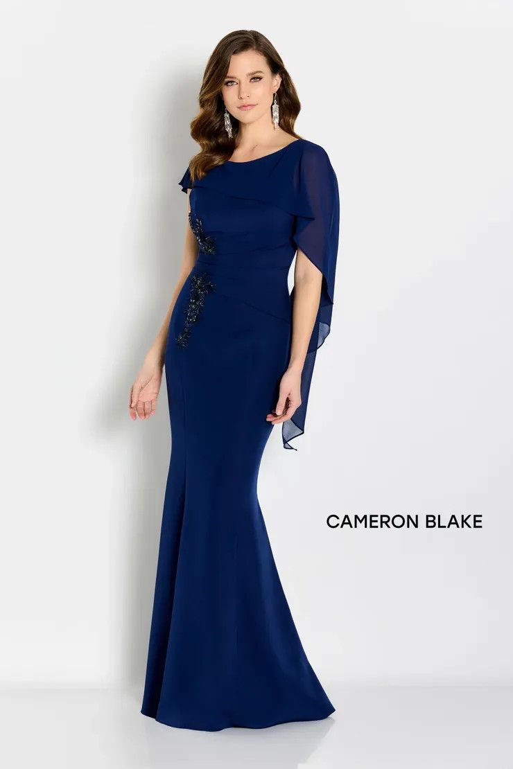 Draped sleeve evening gown, Color: Navy, Size: 10