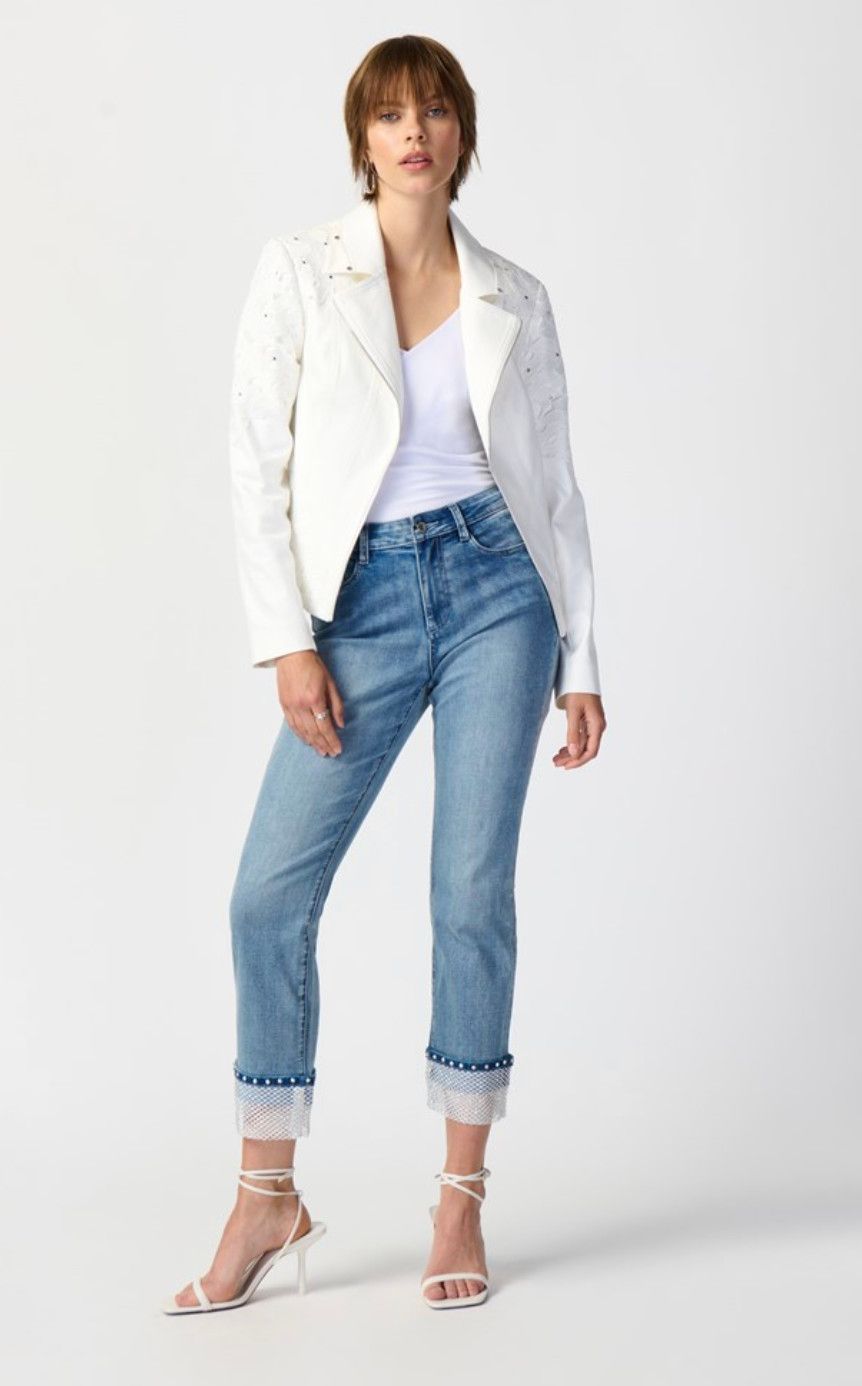 Studded foiled suede jacket floral applique, Color: Vanilla, Size: S