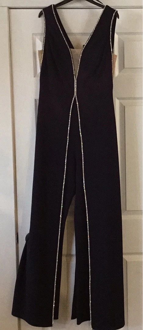 Rhinestone trim sleeveless jumpsuit, Color: Black, Size: 12