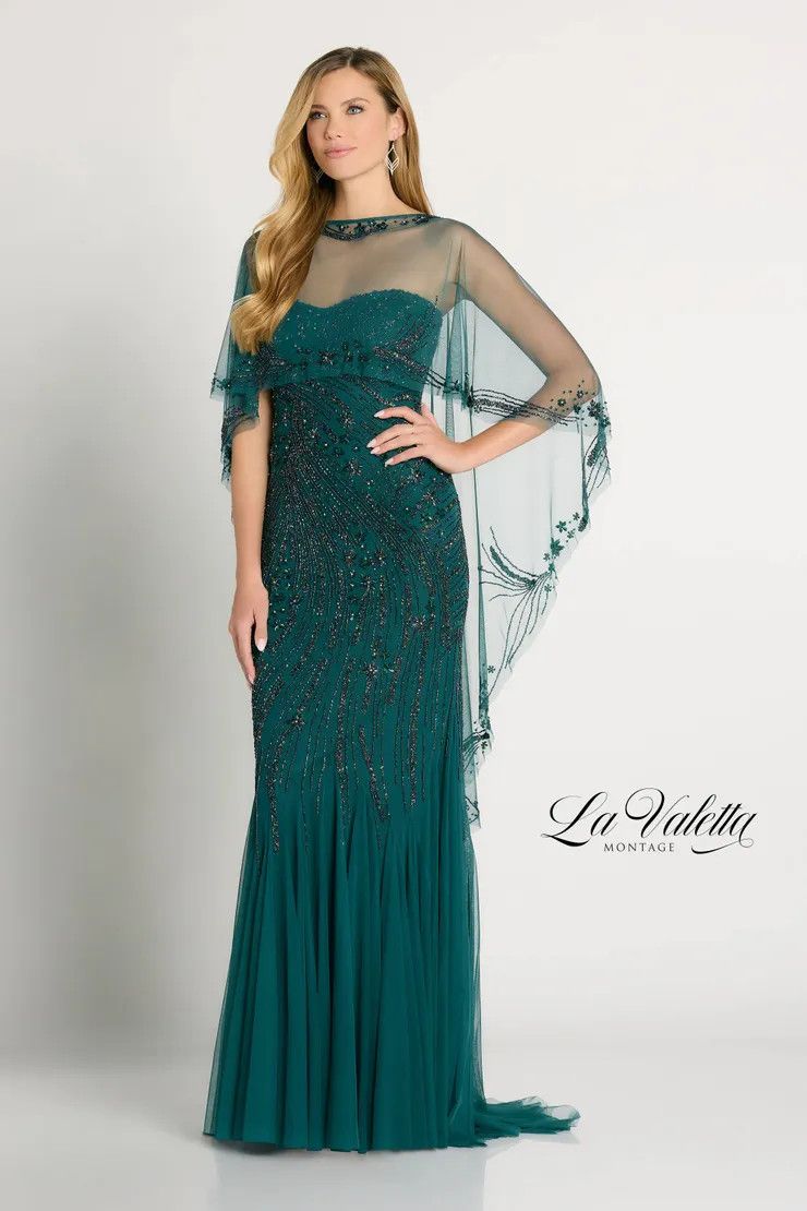 Cape sleeve sweet heart gown, Color: Spruce, Size: S