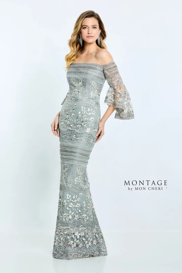 Embroidered lace off- shoulder gown , Color: Grey/ multi, Size: 12