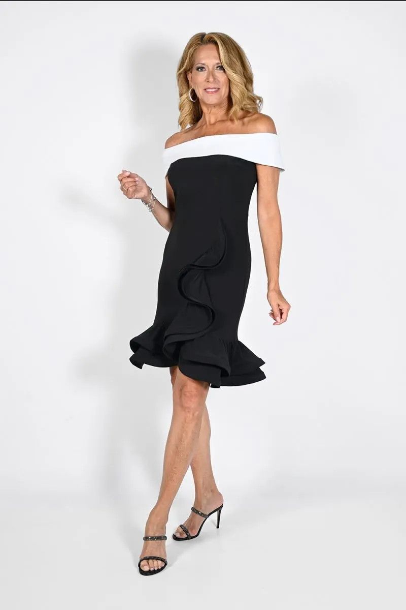 Off the shoulder ruffle cocktail dress, Color: Black/ white, Size: 4