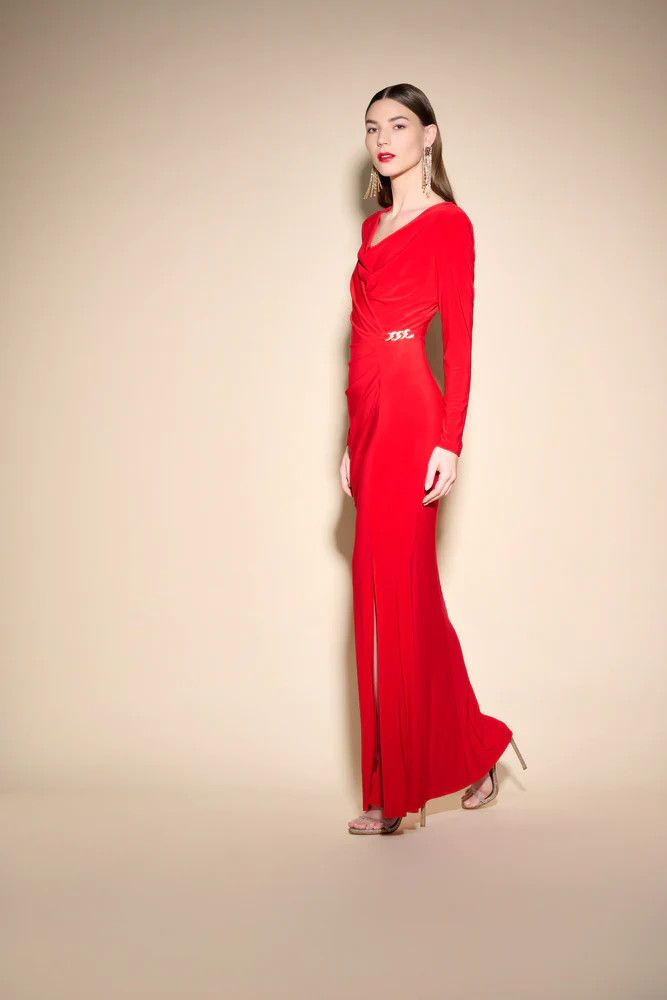Drape neck long sleeve gown , Color: Red lipstick, Size: 8