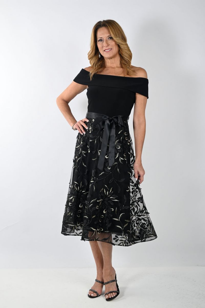 off shoulder dress with floral embroidery , Color: Black/ Gold, Size: 6