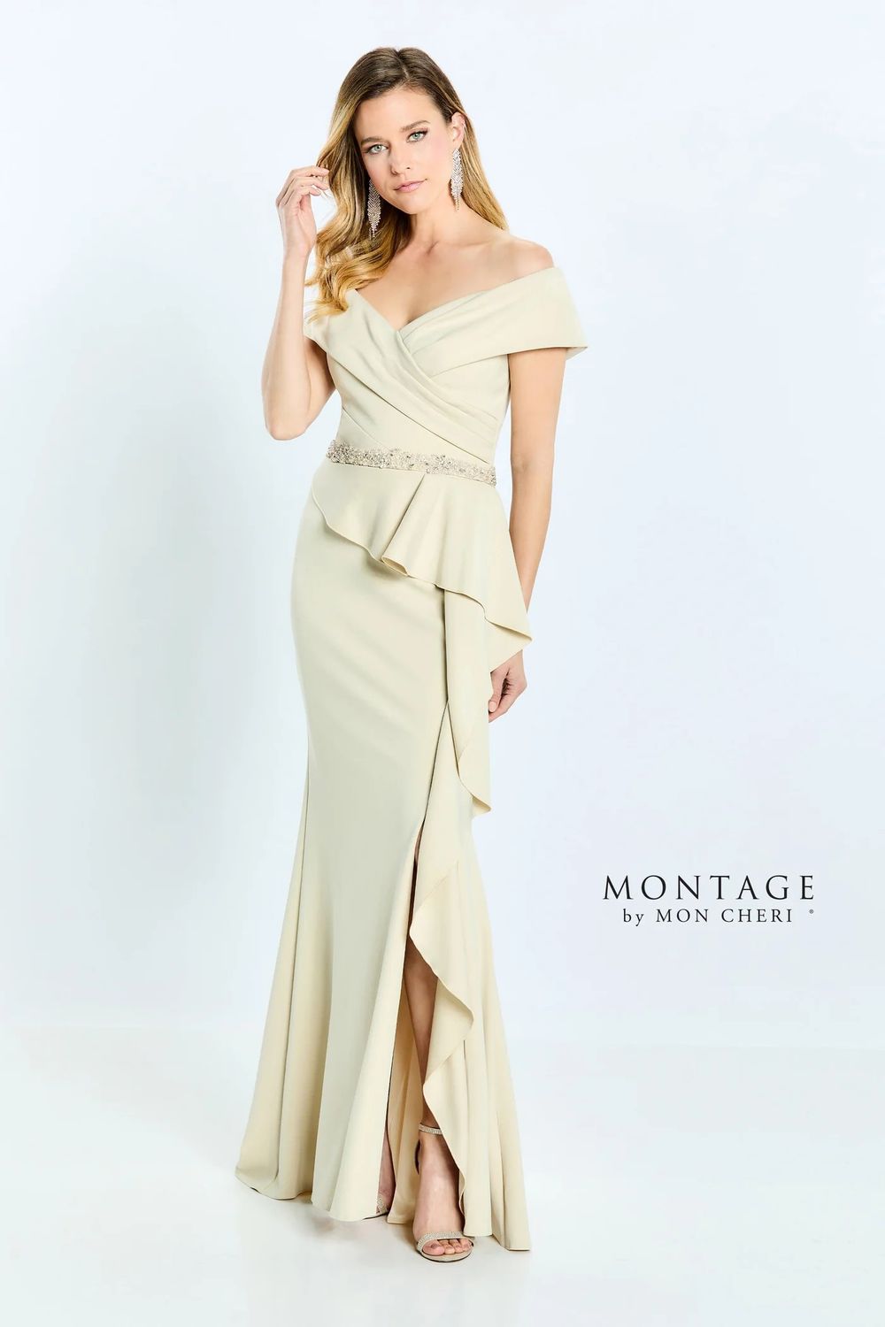 Crepe flare gown w/ cascading ruffle, Color: Taupe, Size: 10