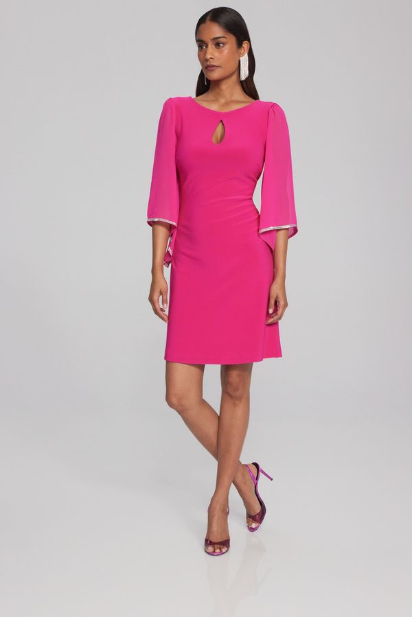 Key hole cocktail dress with rhinestone trim sleeve, Color: Shocking pink, Size: 8