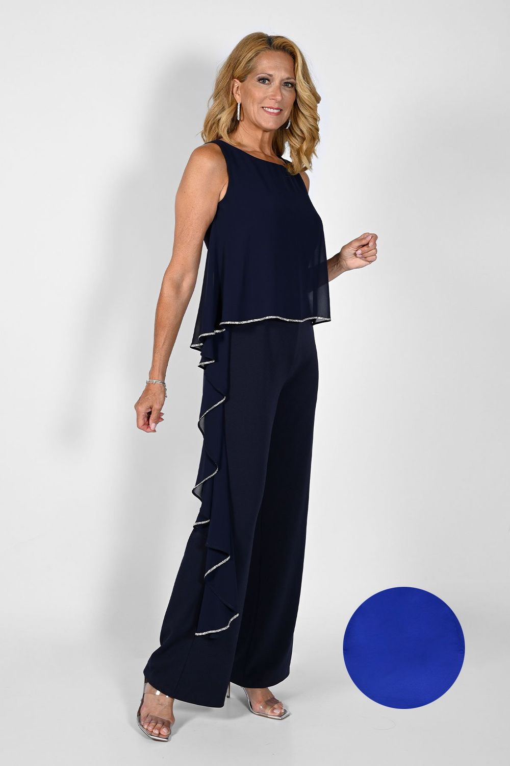 Side rhinestone trim frill jumpsuit, Color: Royal, Size: 8