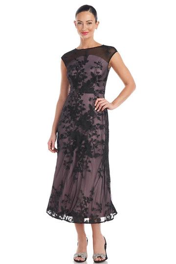 Embroidered gardenia tea length dress, Color: Black lavender, Size: 8
