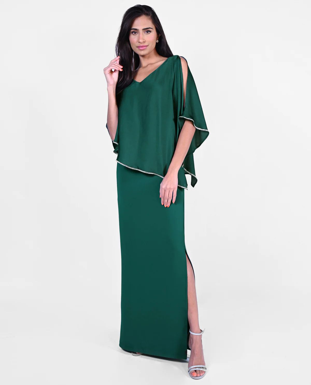 Satin diamonte trim overlay gown, Color: Emerald, Size: 12