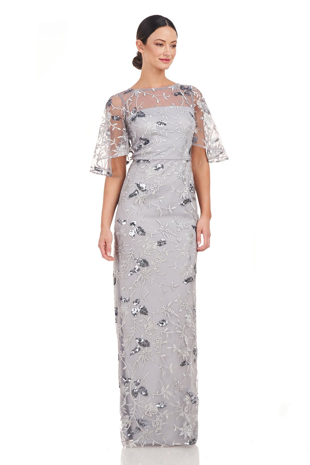 Flutter sleeve column gown, Color: Silver, Size: 14