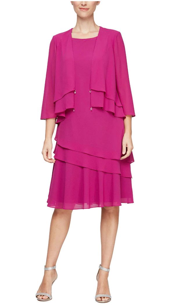 Short jacket dress with asymmetric 3 tier hem, Color: Pink Berry, Size: 8