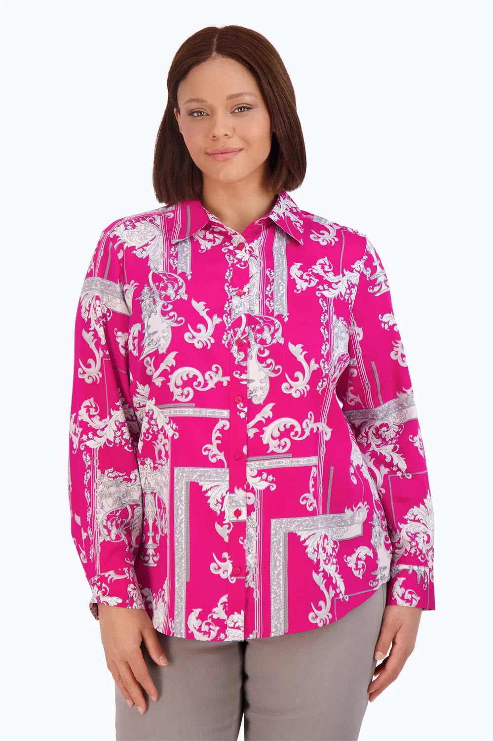 Ornate Baroque button up blouse Plus, Color: Azalea, Size: 16W