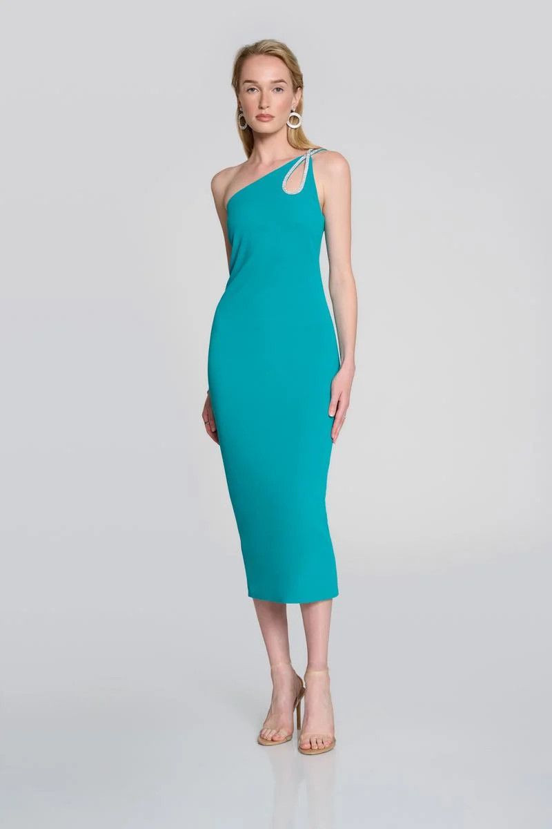 One- shoulder midi w/ rhinestone keyhole detail, Color: Ocean Blue, Size: 6