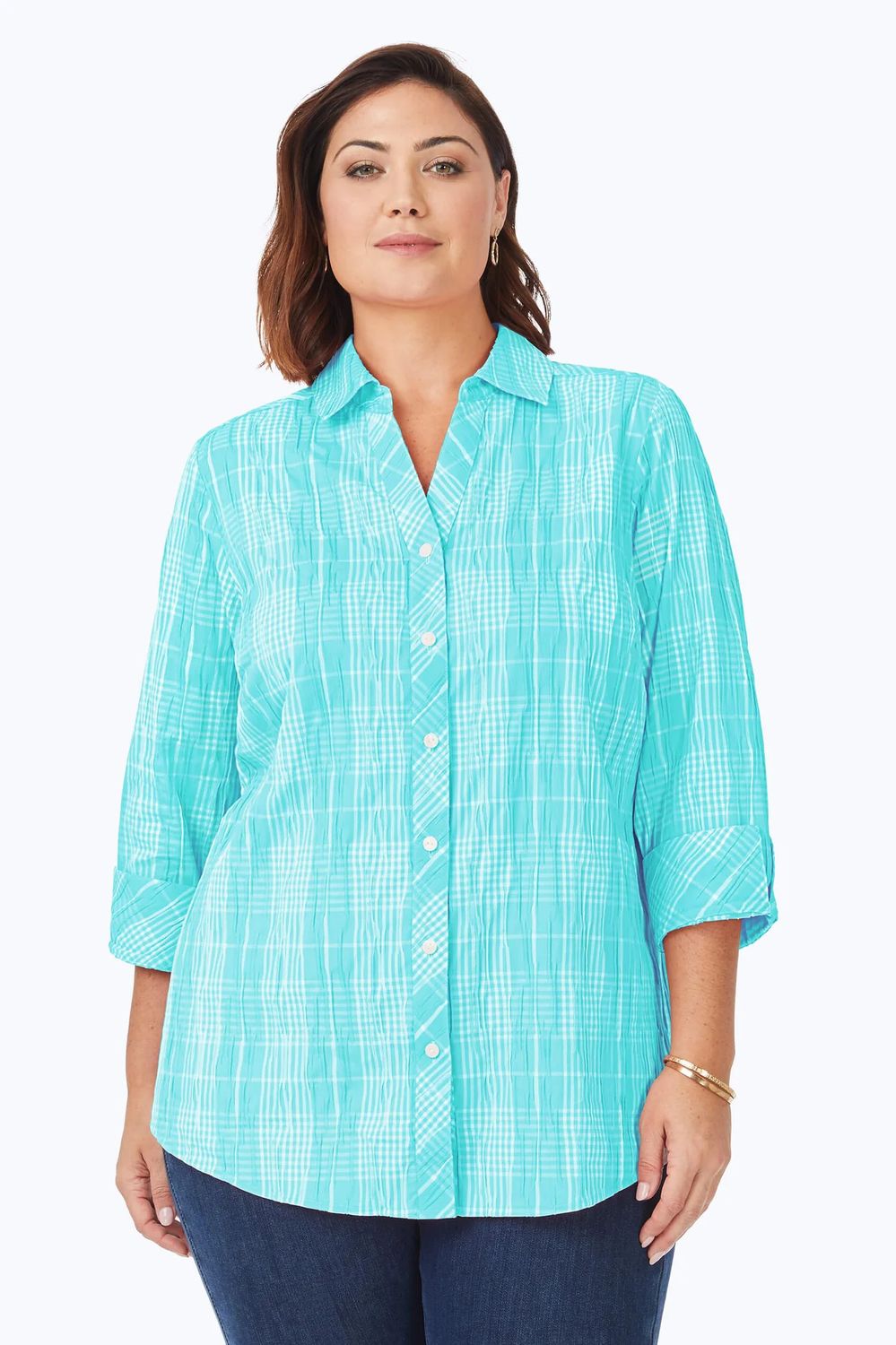 Plaid crinkle tunic blouse, Color: Oceanside, Size: 22W