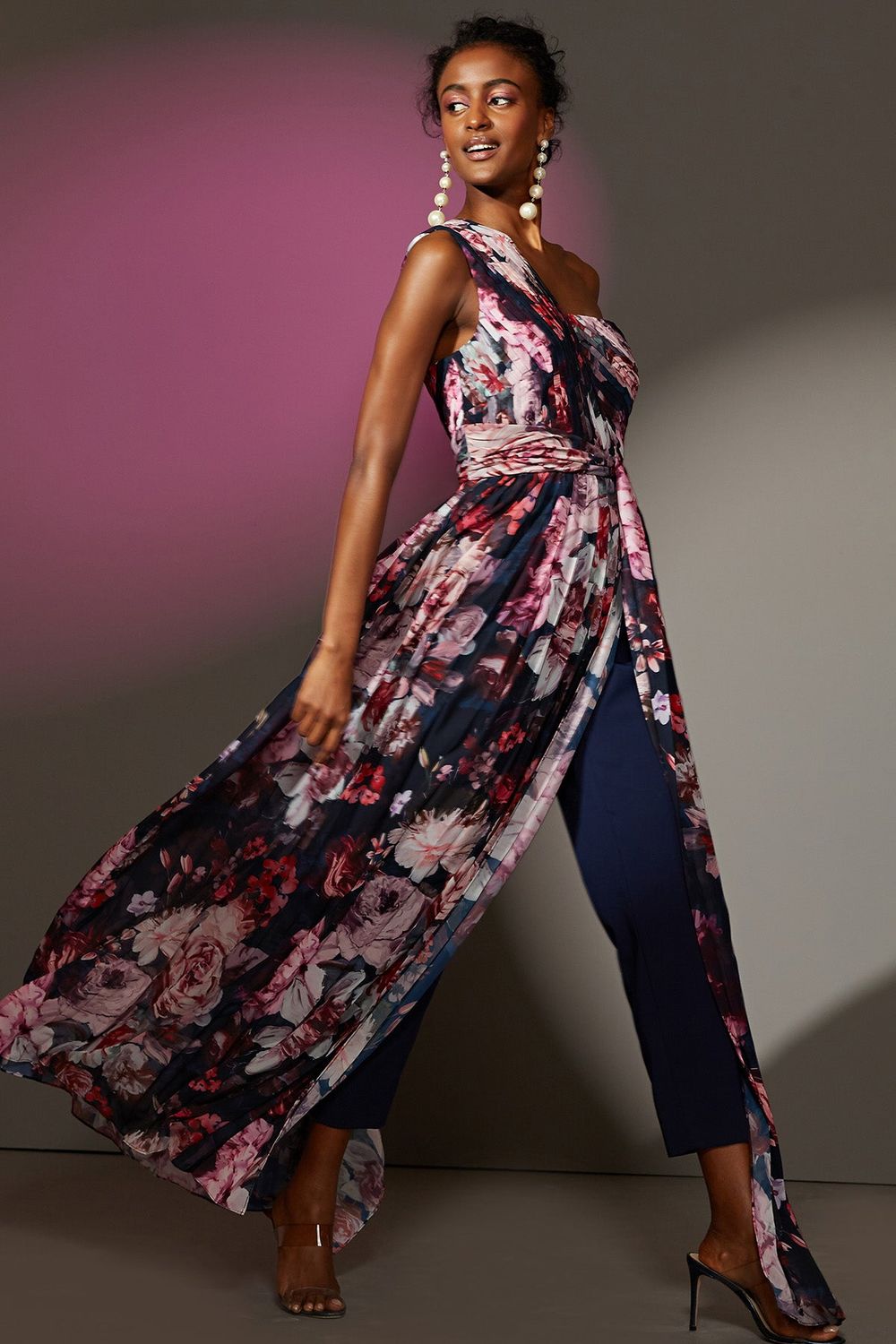 Floral walk- thru pleated jumpsuit, Color: Midnight, Size: 10