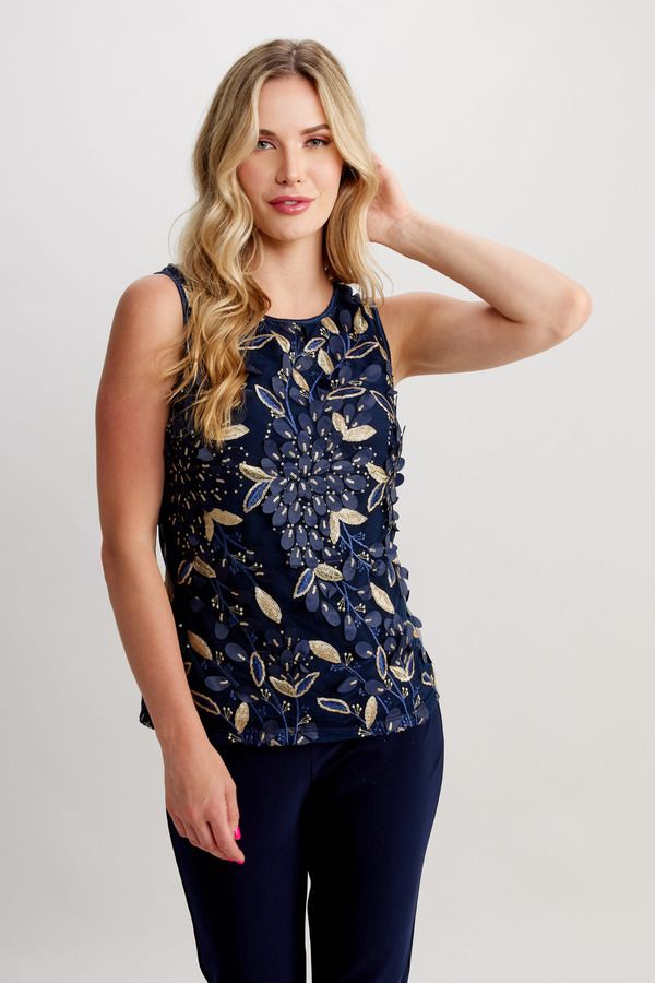 Sleeveless sequin floral top , Color: Midnight/ Gold, Size: 8