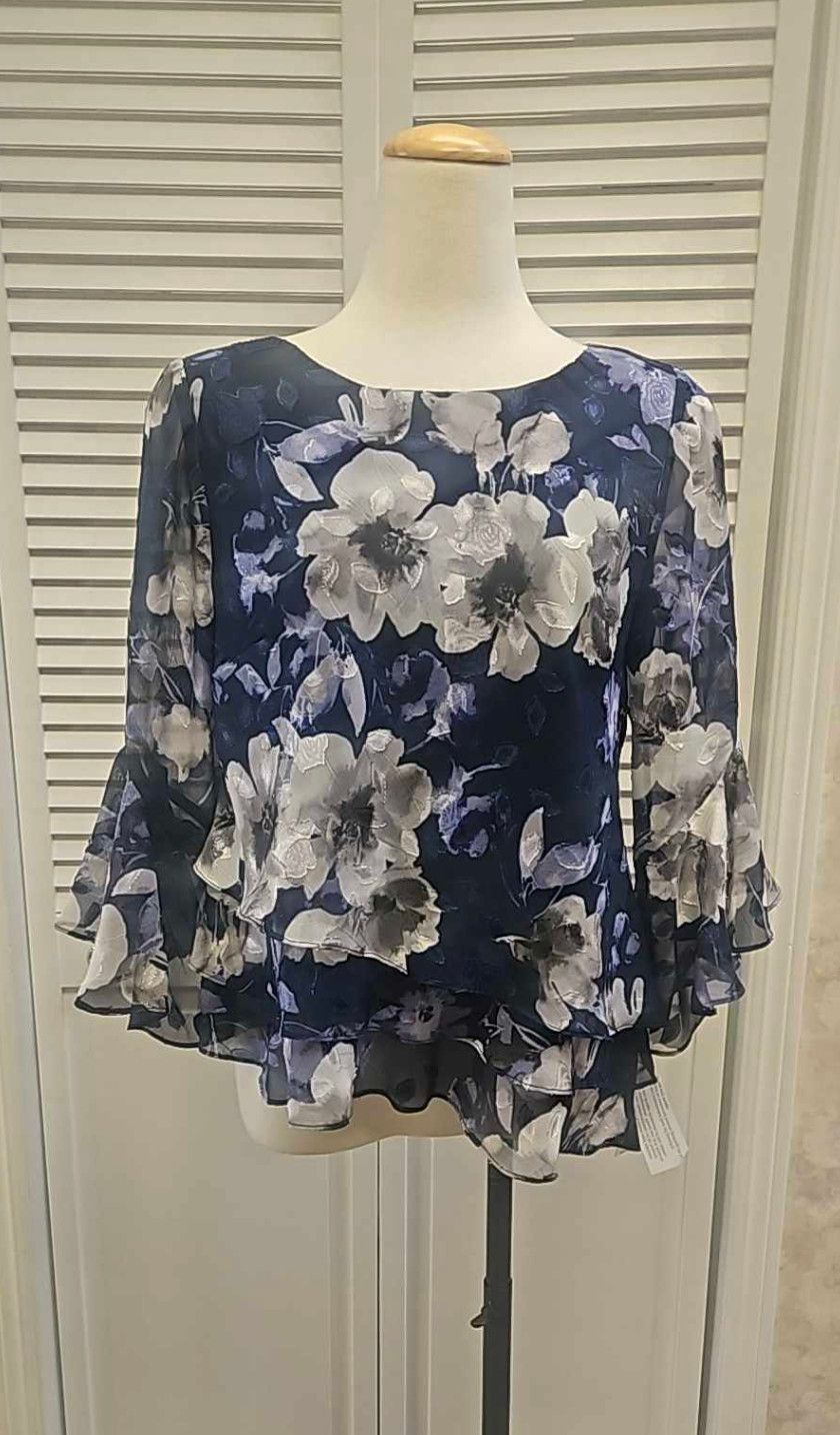 Triple tier bell sleeve blouse, Color: Navy/ multi, Size: S