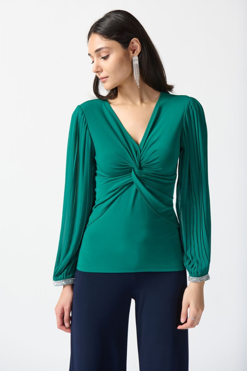 Pleated sleeve twist blouse, Color: Emerald, Size: 8