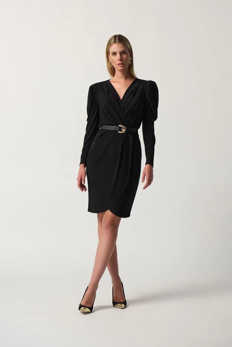 Puff sleeve belted dress, Color: Black, Size: 8