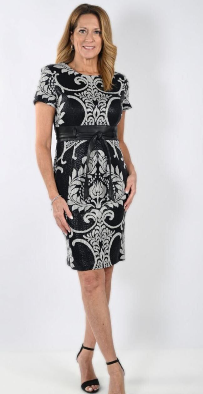 Patterned belted dress, Color: Black/ off white, Size: 8