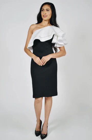One shoulder ruffle cocktail dress, Color: Black/ Ivory, Size: 10