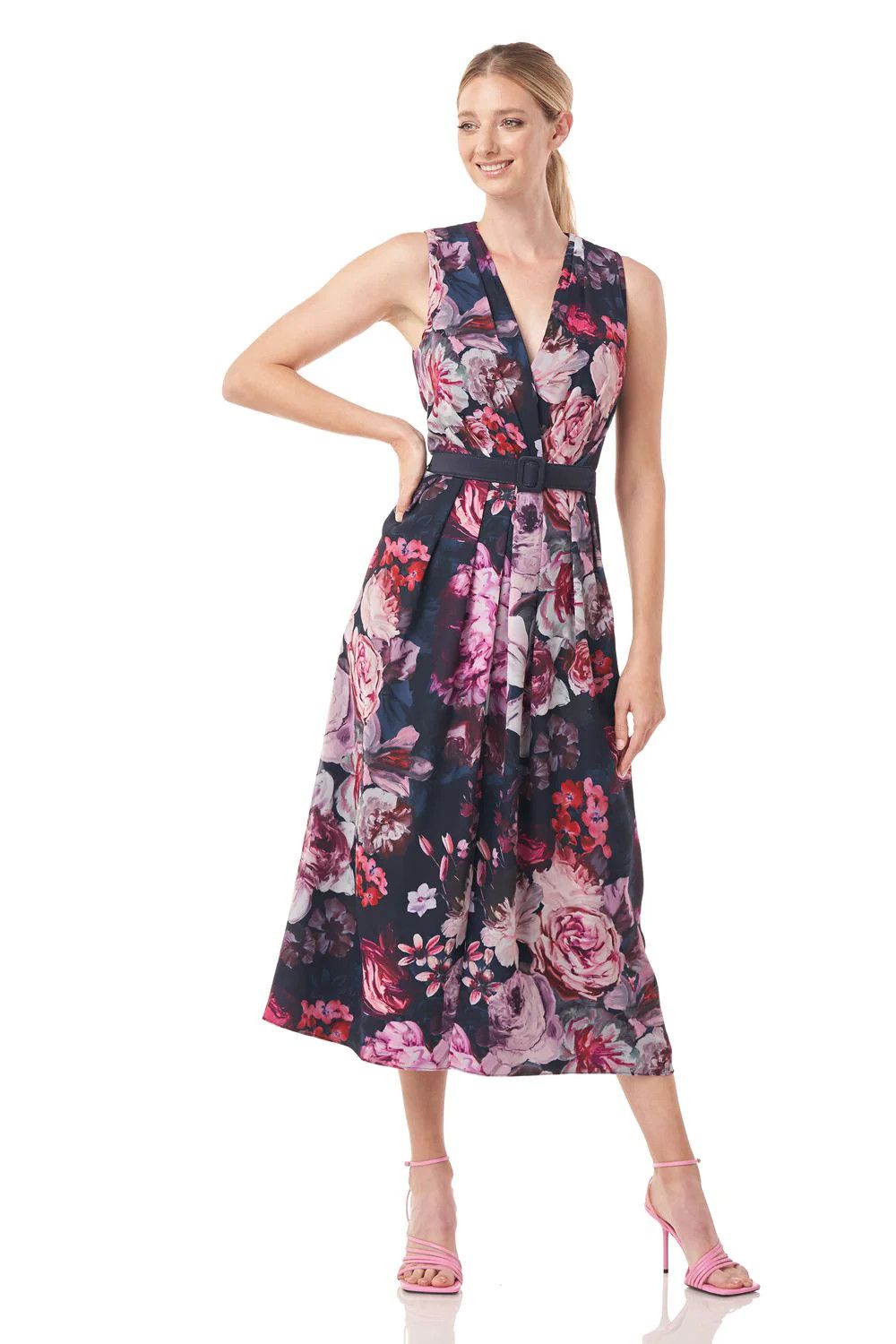 Belted floral dress, Color: Rose/ Navy, Size: 8