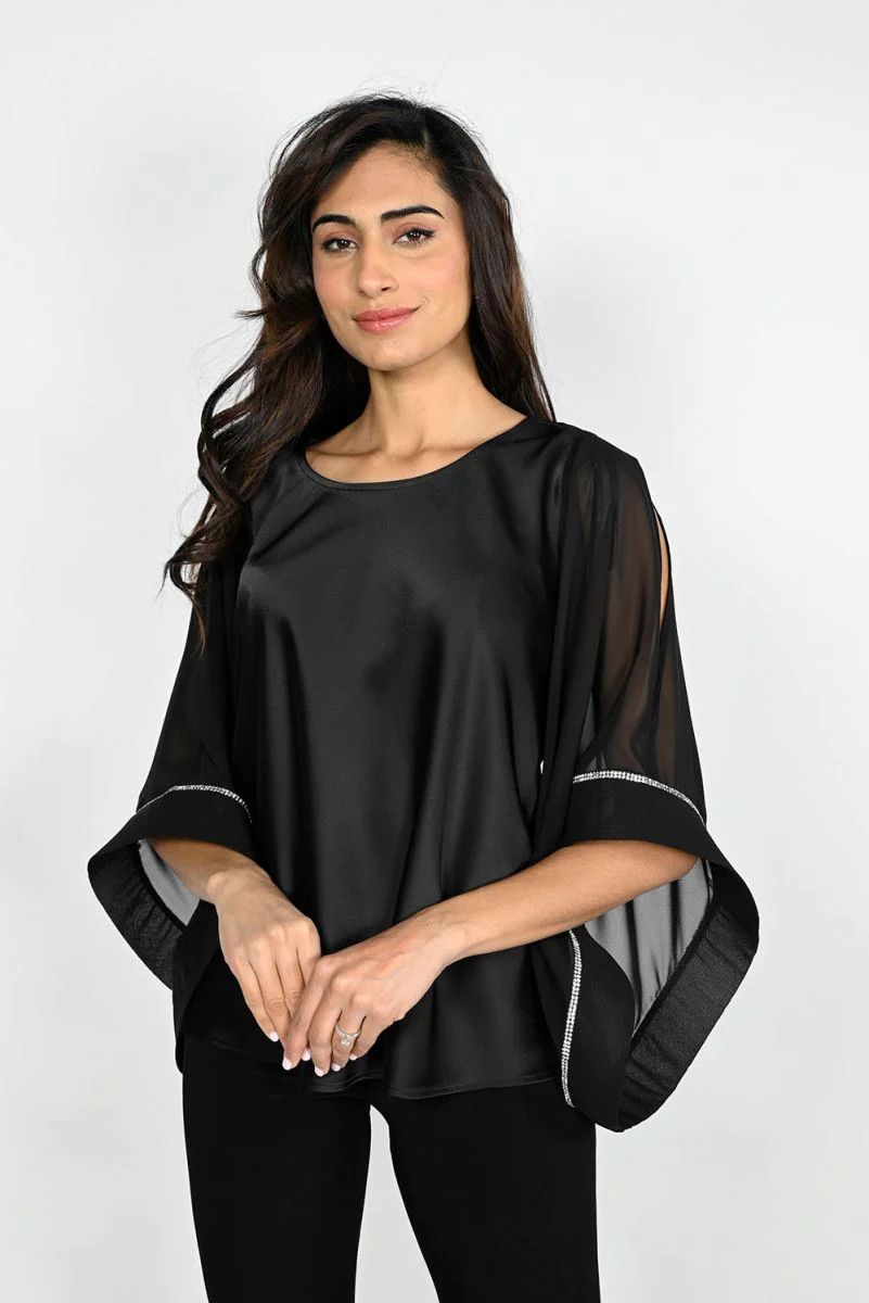Satin top w/ bell sleeve rhinestone trim , Color: Black, Size: 12