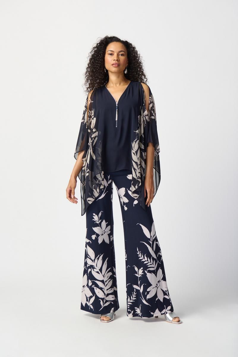 Poncho top chiffon top w/ wide leg print pant, Color: Midnight mix, Size: 16