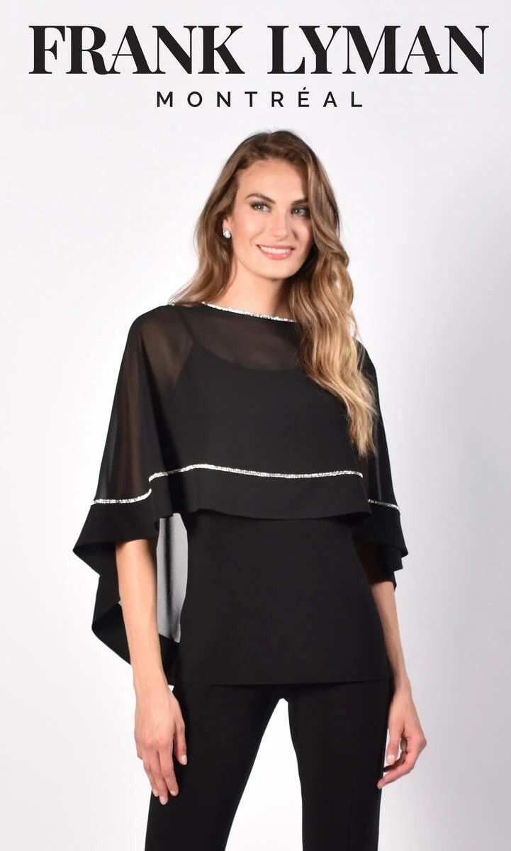 High-Low chiffon cape w/ rhinestone detail, Color: Black, Size: M