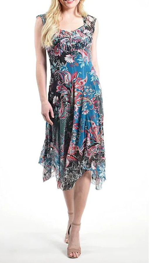 Paisley print cap sleeve midi, Color: Peacock, Size: L
