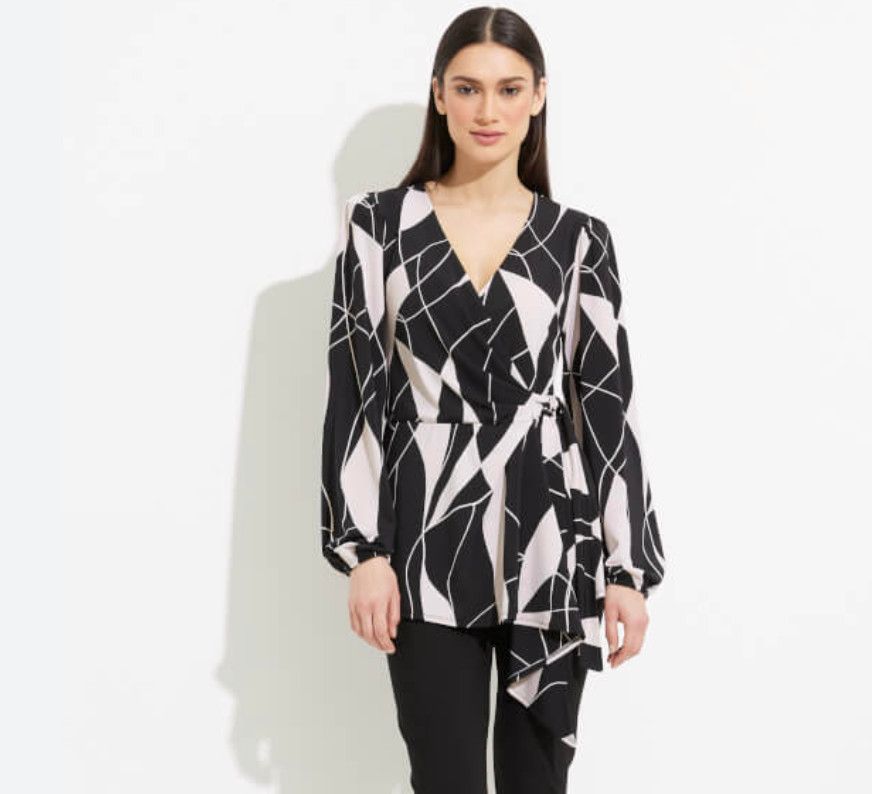 Abstract print wrap dress, Color: Black/ Vanilla, Size: 20