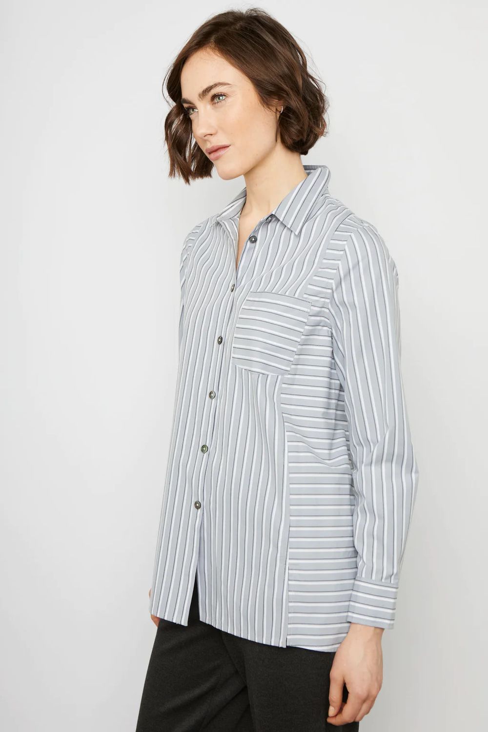 Pinstripe button blouse  , Color: B/ W, Size: M