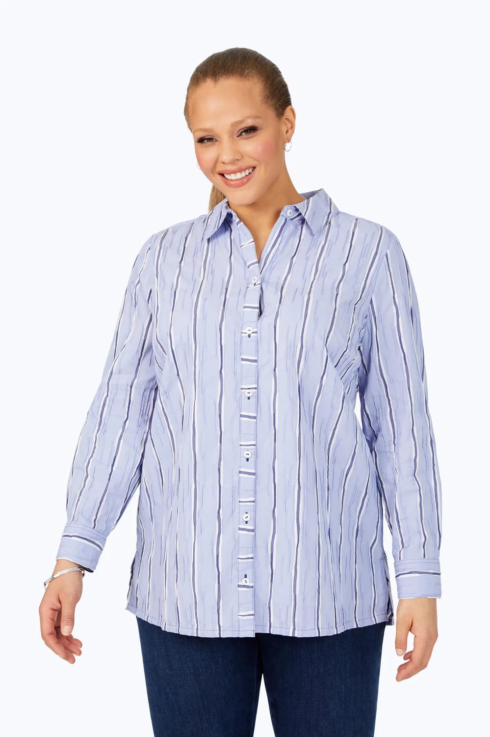 Serene stripe crinkle blouse, Color: Blue Denim, Size: 24w
