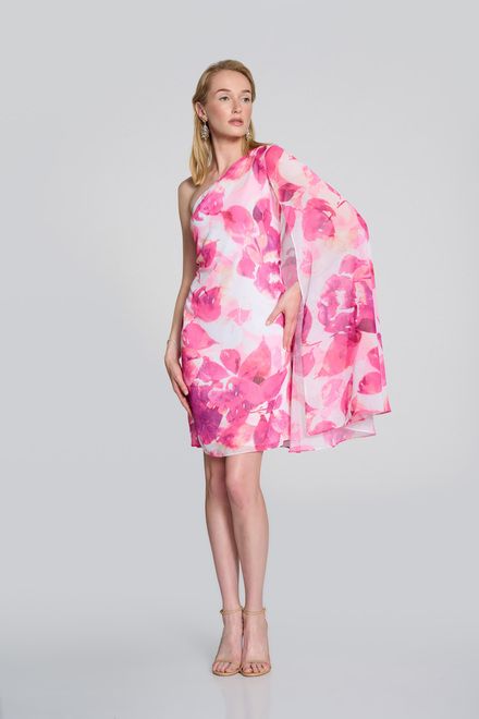 Floral print one cape shoulder dress, Color: Vanilla/ pink, Size: 6