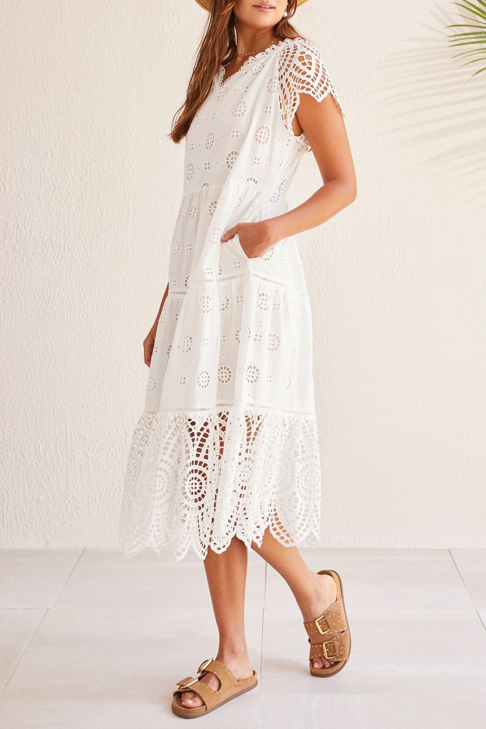 Eyelet midi dress, Color: White, Size: S
