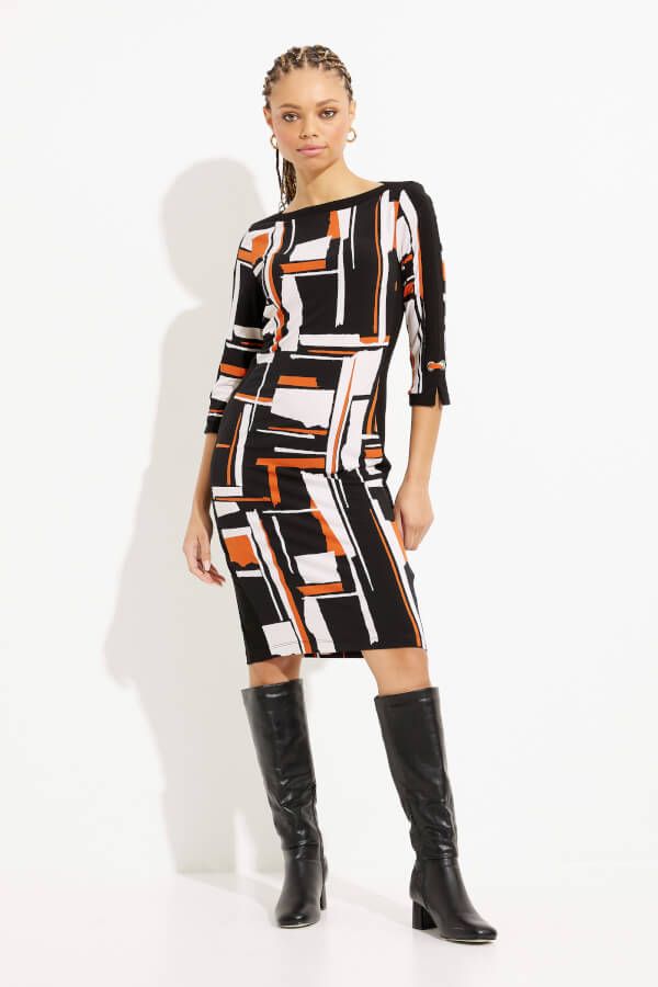 Geometric boat neck dress, Color: Black/ multi, Size: 16