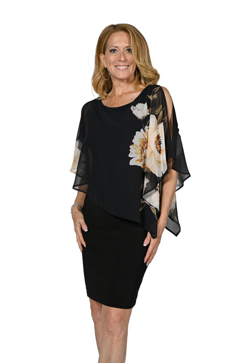 Floral print chiffon cape dress, Color: Black/ beige, Size: 14