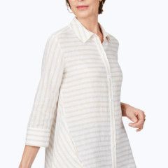 Strip shaped button up Linen , Color: Beige/ white, Size: 10
