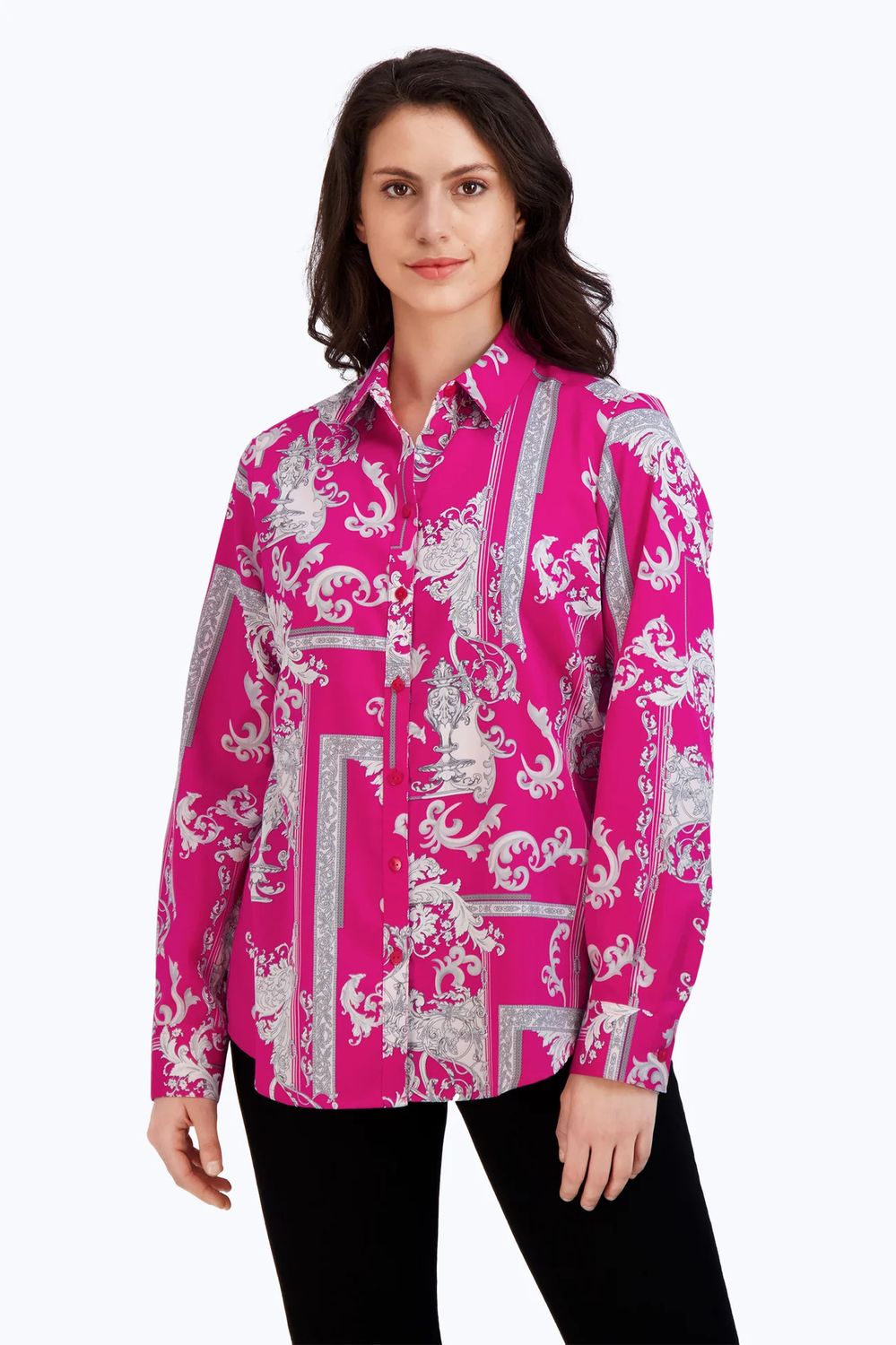 Ornate Baroque button up blouse, Color: Azalea, Size: 12