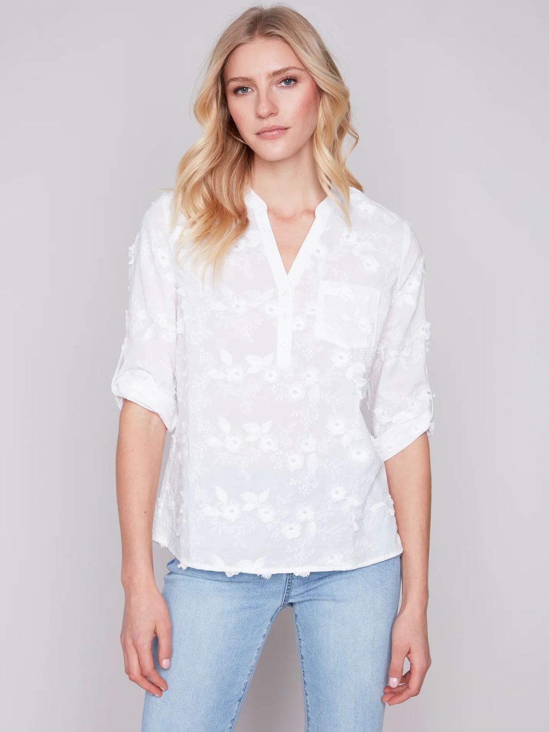 Floral embroidered blouse, Color: White, Size: XS