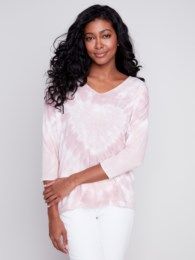Printed v-neck tie- dye top, Color: Dusty Rose, Size: S
