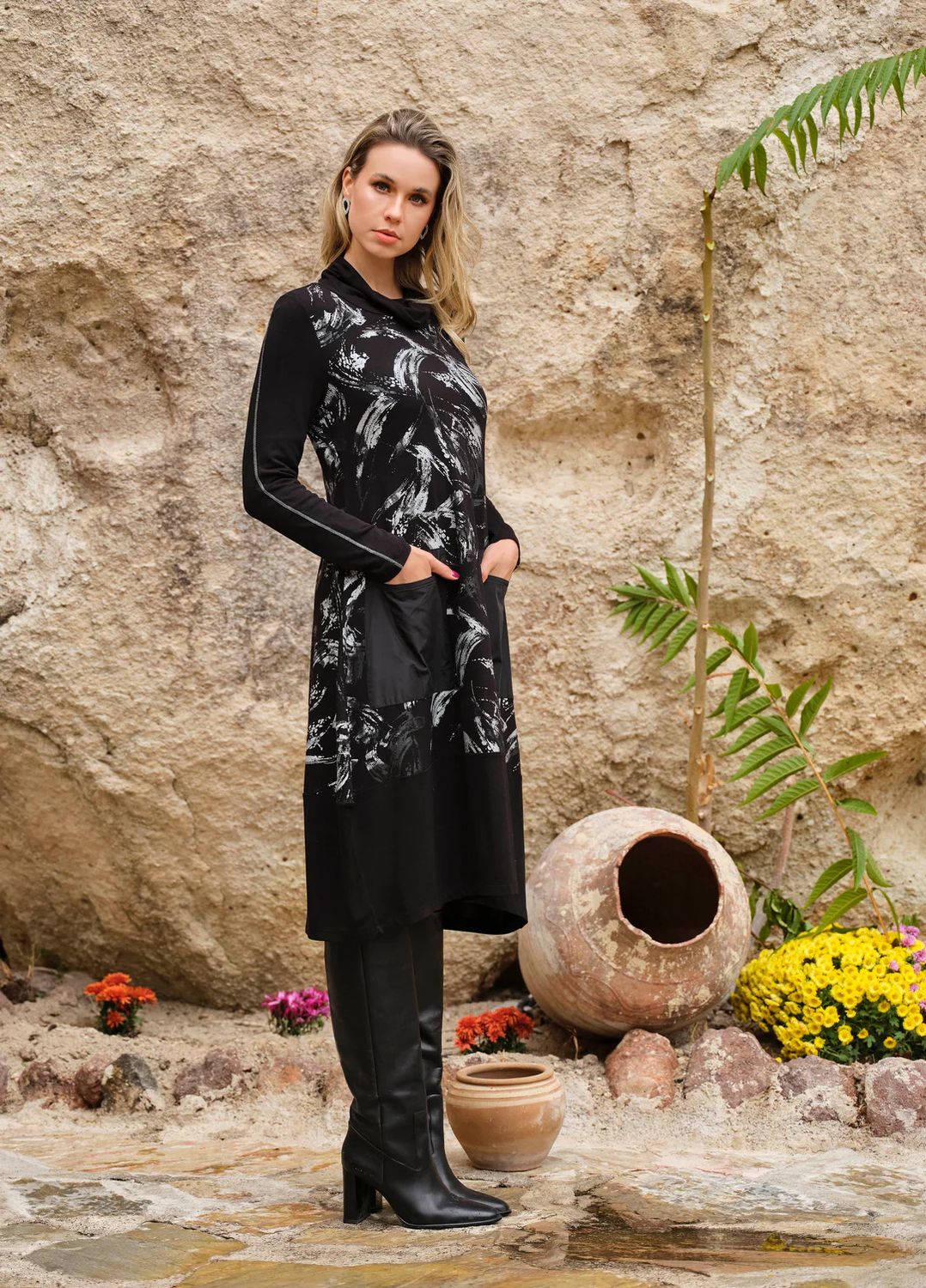 Brush stroke cowl neck dress, Color: Silver/ Black, Size: M