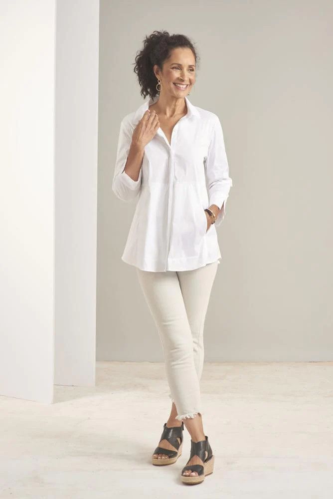 Panelled button up blouse, Color: WHITE, Size: L