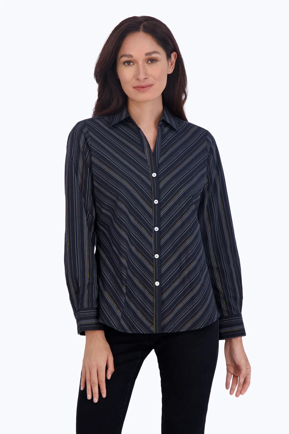 Lurex stripe button up blouse, Color: B/W, Size: 12