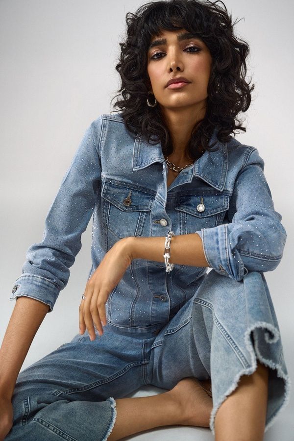 Denim fitted jkt with rhinestone detail, Color: Light wash, Size: XS