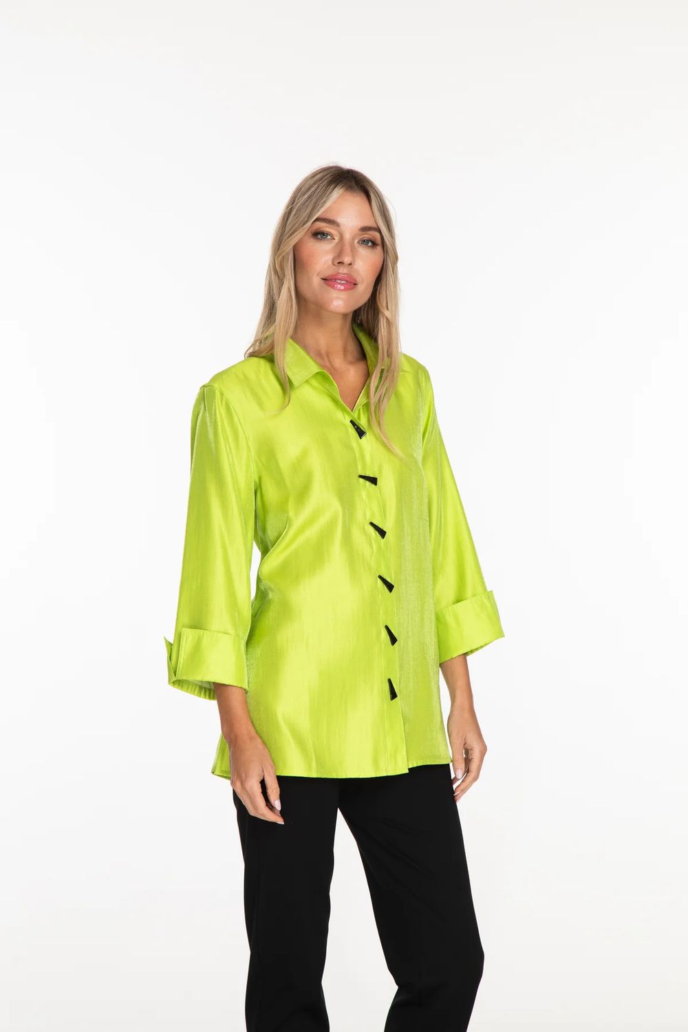 Shimmer button front/ back blouse, Color: Key Lime, Size: S